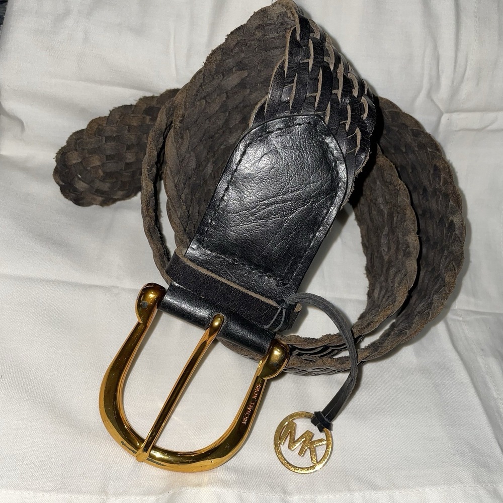 Michael Kors 552398R Brown Leather Braided Belt Gold Buckle XL Made‎ India